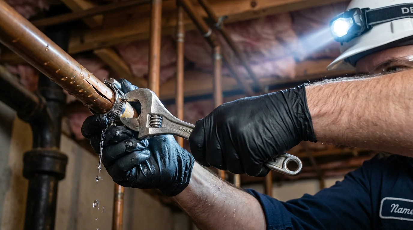 Emergency pipe clamp repair being performed by a Johns Plumbing LLC plumber in Hammond