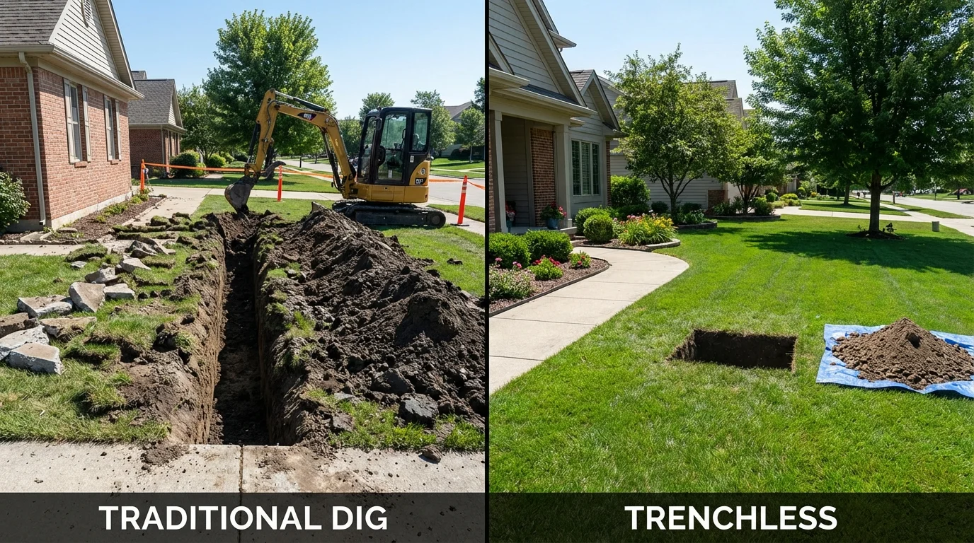 Trenchless sewer repair with minimal yard damage versus traditional excavation in Hammond, IN
