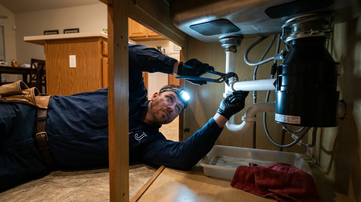 P-trap and supply line connections under a kitchen sink showing a common leak point in Hammond, IN